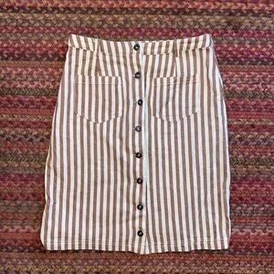 EMBERLEY BROWN VERTICAL STRIPE BUTTON FRONT MIDI SKIRT